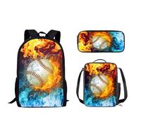 Biyejit Zaino per bambini per ragazze e ragazzi, borsa a tracolla per libri, portapranzo, astuccio 3 in 1, Blu Rosso Fuoco Baseball, Taglia unica