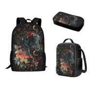 Biyejit Zaino per bambini per ragazze e ragazzi, borsa a tracolla per libri, portapranzo, astuccio 3 in 1, Cavallo con fiore., Taglia unica