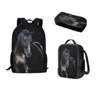Biyejit Zaino per bambini per ragazze e ragazzi, borsa a tracolla per libri, portapranzo, astuccio 3 in 1, Cavallo nero, Taglia unica