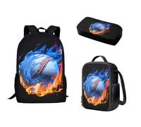 Biyejit Zaino per bambini per ragazze e ragazzi, borsa a tracolla per libri, portapranzo, astuccio 3 in 1, Baseball Fiamma, Taglia unica
