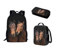 Biyejit Zaino per bambini per ragazze e ragazzi, borsa a tracolla per libri, portapranzo, astuccio 3 in 1, Stampa Cavalli Animali, Taglia unica