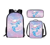Biyejit Zaino per la scuola per ragazzi e ragazze, leggero, con contenitore per il pane, set da 3 pezzi, Axolotl carino, taglia unica
