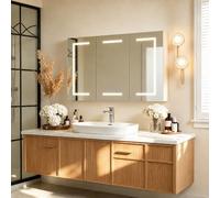 BIYFSDS Armadietto da bagno con specchio e LED a 3 ante, armadietto da toilette con specchio e presa, specchio da bagno con vano portaoggetti e 3 ripiani regolabili (Bianco-3, 100x14x60 cm)