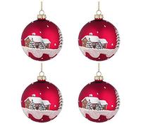 Bizzotto Palle di Natale in Vetro Rosso con Casa Innevata, Set 4 Pz Palline ⌀ 100 mm, Addobbi Natalizi Ornamento per Albero