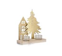 Bizzotto Portacandela di Natale Dwelling 2 Posti Dec. Casetta e Pino H 24 Cm Oro