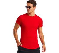 Björn Swensen Maglietta da uomo con scollo rotondo, estivo, slim fit, in cotone, colore bianco, nero, da uomo, maglietta basic estiva con scollo rotondo, a maniche corte, top BS1002, Colore: rosso, L