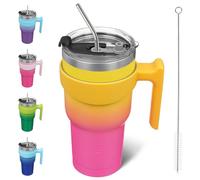 BJPKPK Bicchiere con manico e coperchio con cannuccia, in acciaio inox, isolato, per casa, ufficio o auto, rosa gialla