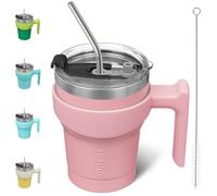 BJPKPK Bicchiere da 300 ml, con manico, isolante, con coperchio e cannuccia, riutilizzabile, in acciaio inox, tazza da viaggio a doppia parete, rosa chiaro
