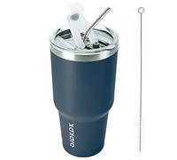 BJPKPK Bicchiere da 880 ml con coperchio e cannuccia, in acciaio inox, a doppia parete, isolamento sottovuoto, blu navy