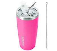 BJPKPK Bicchiere da caffè sottovuoto a doppia parete in acciaio inox con coperchio, tazza da viaggio per bevande ghiacciate e bevande calde, tazza da viaggio isolante con cannucce, rosa (T20pink)