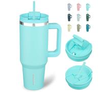 BJPKPK Bicchiere in acciaio inossidabile da 40 once con manico, bicchieri isolati con 2 cannucce, tazza da viaggio con coperchio turchese