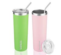 BJPKPK Bicchiere sottile da 590 ml con coperchio, confezione da 2 tazze termiche da viaggio in acciaio inox, colore verde, rosa chiaro