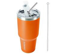BJPKPK Bicchiere termico con coperchio trasparente e cannuccia, riutilizzabile, in acciaio inossidabile, da viaggio, arancione, 30 oz/900 ml