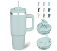 BJPKPK Bicchiere termico da 30 once con manico isolato con coperchio e cannuccia in acciaio inox, blu foschia