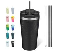 BJPKPK Bicchiere termico da 510 ml, con coperchio e cannuccia, in acciaio inox, da viaggio, riutilizzabile, motivo leopardato nero