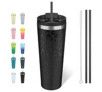 BJPKPK Bicchiere termico da 760 ml, con coperchio e cannuccia, in acciaio inox, da viaggio, riutilizzabile, motivo leopardato nero