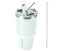 BJPKPK Bicchiere termico da viaggio in acciaio inossidabile bianco da 30 once con coperchio e cannuccia, riutilizzabile e isolato, per caff