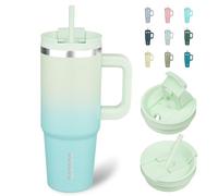 BJPKPK Bicchieri isolati con manico e cannuccia, in acciaio inox, 30 once, con coperchio, colore: menta