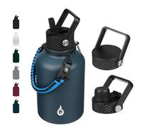 BJPKPK Borraccia termica con coperchio con cannuccia, grande bottiglia d'acqua da 1,4 l, in acciaio inox, bottiglia per acqua calda e fredda, con 3 coperchi e manico in paracord, blu navy