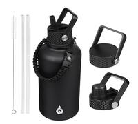BJPKPK Bottiglie d'acqua isolate da 1,8 litri, con coperchio con cannuccia, 1,8 l, in acciaio inox, con 3 coperchi e manico in paracord, per liquidi caldi e freddi, colore nero