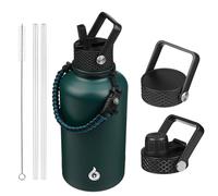 BJPKPK Bottiglie d'acqua isolate da 1,8 litri, con coperchio con cannuccia, grande bottiglia d'acqua in acciaio inox con 3 coperchi e manico in paracord, bottiglia d'acqua per liquidi caldi e freddi,