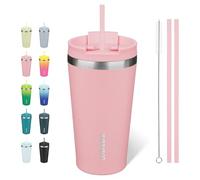 BJPKPK Tazza da caffè da viaggio con coperchio e cannuccia, in acciaio inox, da 510 ml, colore: rosa chiaro