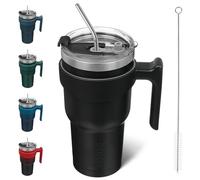 BJPKPK Tumbler con manico in acciaio inox a doppia parete isolata con coperchio e cannuccia, nero