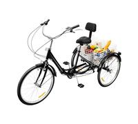 BJTDLLX Triciclo bici per adulti 24 pollici 7 marce triciclo più vecchio bici cruise bike triciclo esterno triciclo anziano con cestino e schienale per viaggi, ciclismo (nero)