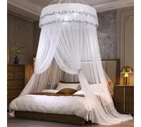BK&MF Baldacchino Rotondo da Principessa a Doppio Strato, zanzariera da Letto sospesa al soffitto, Tenda da Letto a Pavimento per Camera delle Ragazze, Decorazione Sogno,Bianca,150cm(60") Queen