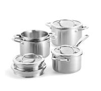 BK Twist Batteria di Pentole 4 Pezzi in Acciaio Inox con Coperchi: Casseruola e 3 Pentole, Sistema Scolapasta Integrato, Impilabile, Induzione, Forno 220 °C, Lavastoviglie