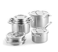 BK Twist Batteria di Pentole 5 Pezzi in Acciaio Inox con Coperchi: Casseruola e 4 Pentole, Sistema Scolapasta Integrato, Impilabile, Induzione, Forno 220 °C, Lavastoviglie