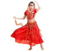 Bkazwe Costume da Bollywood da bambina, costume da danza orientale, set classico indiano Sari abito con cintura con frange, vestito da ballerina per spettacolo competizione carnevale, 5 pezzi, rosso