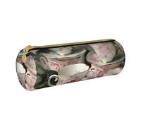 BKDODKS Astuccio in pelle per adulti con stampa romantica di tazze da tè con rose, astuccio per matite da uomo e donna, con cerniera, leggero