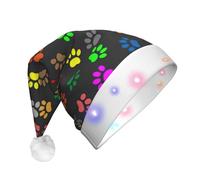 BKDODKS Cappello di Natale colorato con stampa di zampa di cane nero LED unisex adulto Beanie albero di Natale luminoso cappello di Babbo Natale vivace