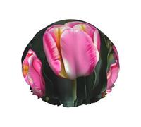 BKDODKS Cuffia da doccia con stampa di tulipani rossi e tulipani per le donne leggera riutilizzabile Softdouble strati impermeabili a prova di perdite, nera