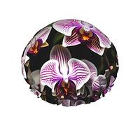 BKDODKS Cuffia da doccia con stampa orchidee per donne, leggera, riutilizzabile, morbida, a doppio strato, impermeabile, a prova di perdite, nera