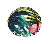 BKDODKS Cuffia da doccia estiva tropicale hawaiana con foglie di palma stampa per donne leggera riutilizzabile Softdouble strati impermeabili a prova di perdite, nero
