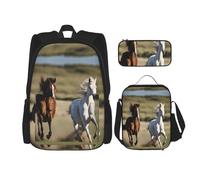 BKDODKS Set zaino 3 in 1 con stampa di cavalli che corrono, borsa per il pranzo, astuccio - zaino da viaggio casual per uomo e donna, nero, Taglia unica