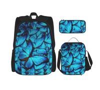 BKDODKS Set zaino 3 in 1 con stampa di farfalle blu, borsa per il pranzo, astuccio, zaino da viaggio casual per uomo e donna, nero, Taglia unica