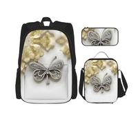 BKDODKS Set zaino 3 in 1 con stampa di farfalle e fiori con strass, borsa per il pranzo, astuccio - zaino da viaggio casual per uomo e donna, nero, Taglia unica