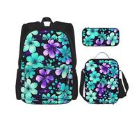 BKDODKS Set zaino 3 in 1 con stampa di fiori viola e foglia di tè, borsa per il pranzo, astuccio - zaino da viaggio casual per uomo e donna, nero, Taglia unica