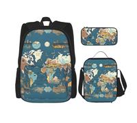 BKDODKS Set zaino 3 in 1 con stampa mappa del mondo, borsa per il pranzo, astuccio - zaino da viaggio casual per uomo e donna, nero, Taglia unica