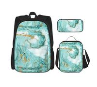BKDODKS Set zaino 3 in 1 con stampa marmorizzata turchese e oro, borsa per il pranzo, astuccio - zaino da viaggio casual per uomo e donna, nero, Taglia unica