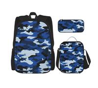 BKDODKS Set zaino 3 in 1 con stampa mimetica blu, borsa per il pranzo, astuccio - zaino da viaggio casual per uomo e donna, nero, Taglia unica