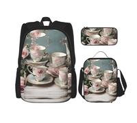 BKDODKS Set zaino 3 in 1 con stampa romantica di tazze da tè con rose, borsa per il pranzo, astuccio, zaino da viaggio casual per uomo e donna, nero, taglia unica