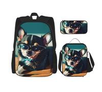 BKDODKS Zaino 3 in 1 con stampa di occhiali chihuahua, borsa per il pranzo, astuccio - zaino da viaggio casual per uomo e donna, nero, Taglia unica