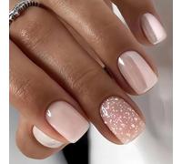 Bkemkri 24 Pezzi Unghie Finte Corte Quadrate Artificiali Press On Nail French Glitter Rosa Nudo Ballerina Acrilico Copertura Completa Gel Unghie Fake Nails per Donna Ragazze Manicure Fai da Te