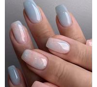Bkemkri 24 Pezzi Unghie Finte Press On Nails Francese Corte Quadrate Stampa Sulle Ballerina Rosa Blu Sfumato, Copertura Completa Acrilico Premere Unghie Bara Lucide False Nails per Donne e Ragazze