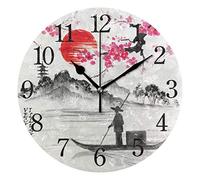 BKEOY Vintage Pittura Superficie Orologi Da Parete Giappone Paesaggio D'epoca D'acquerello Orologio Silenzioso Non ticchettio Home Decor