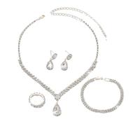 BKEPDY 4 Pezzi Set di Gioielli da Sposa Collana di Strass Braccialetto Anello Ciondola gli Orecchini per la Bridal Bridesmaid Gioielli Set（Argento）